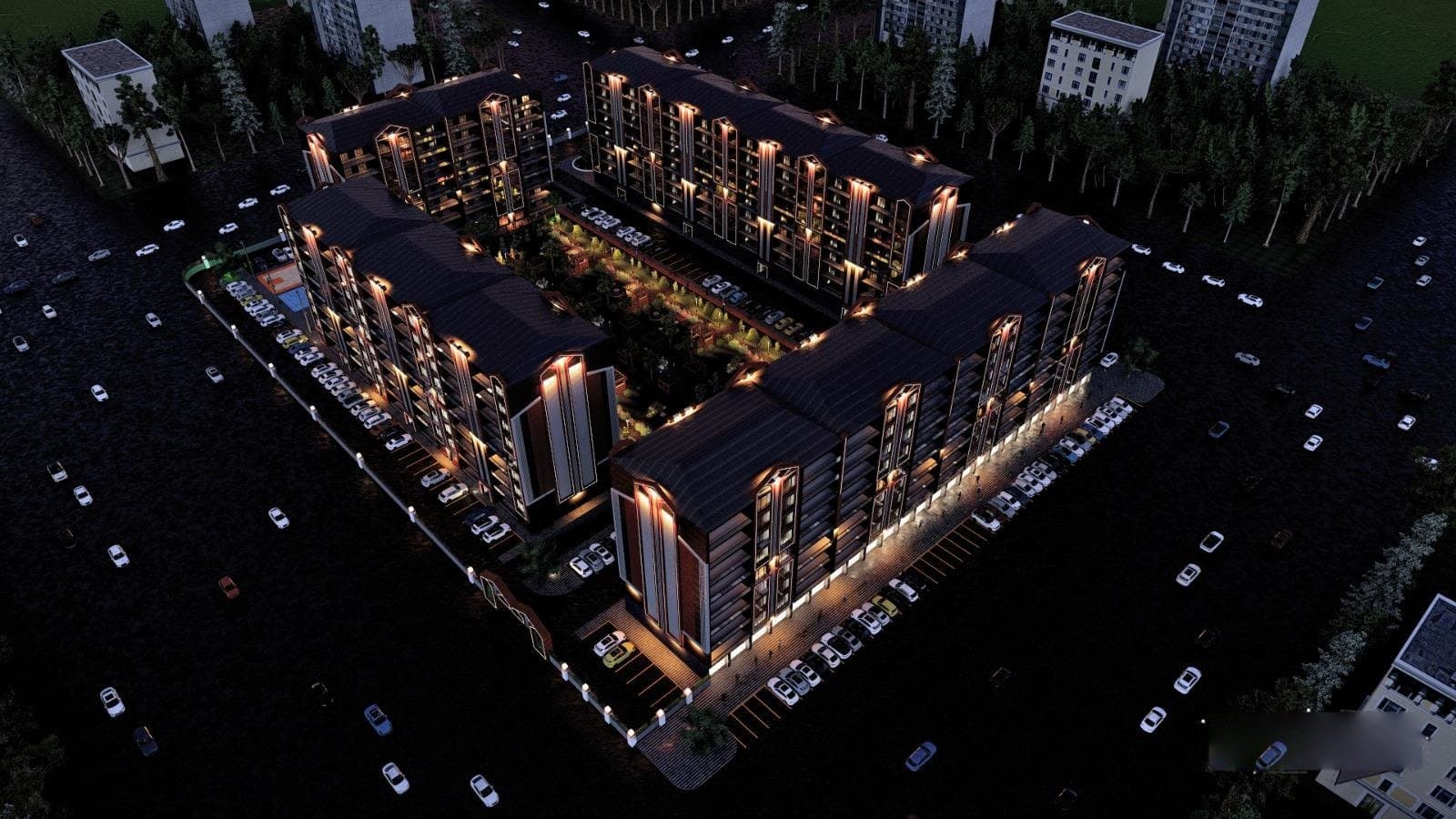 Ekinci Prime — aydınlatılmış konut kompleksi gece kuşbakışı