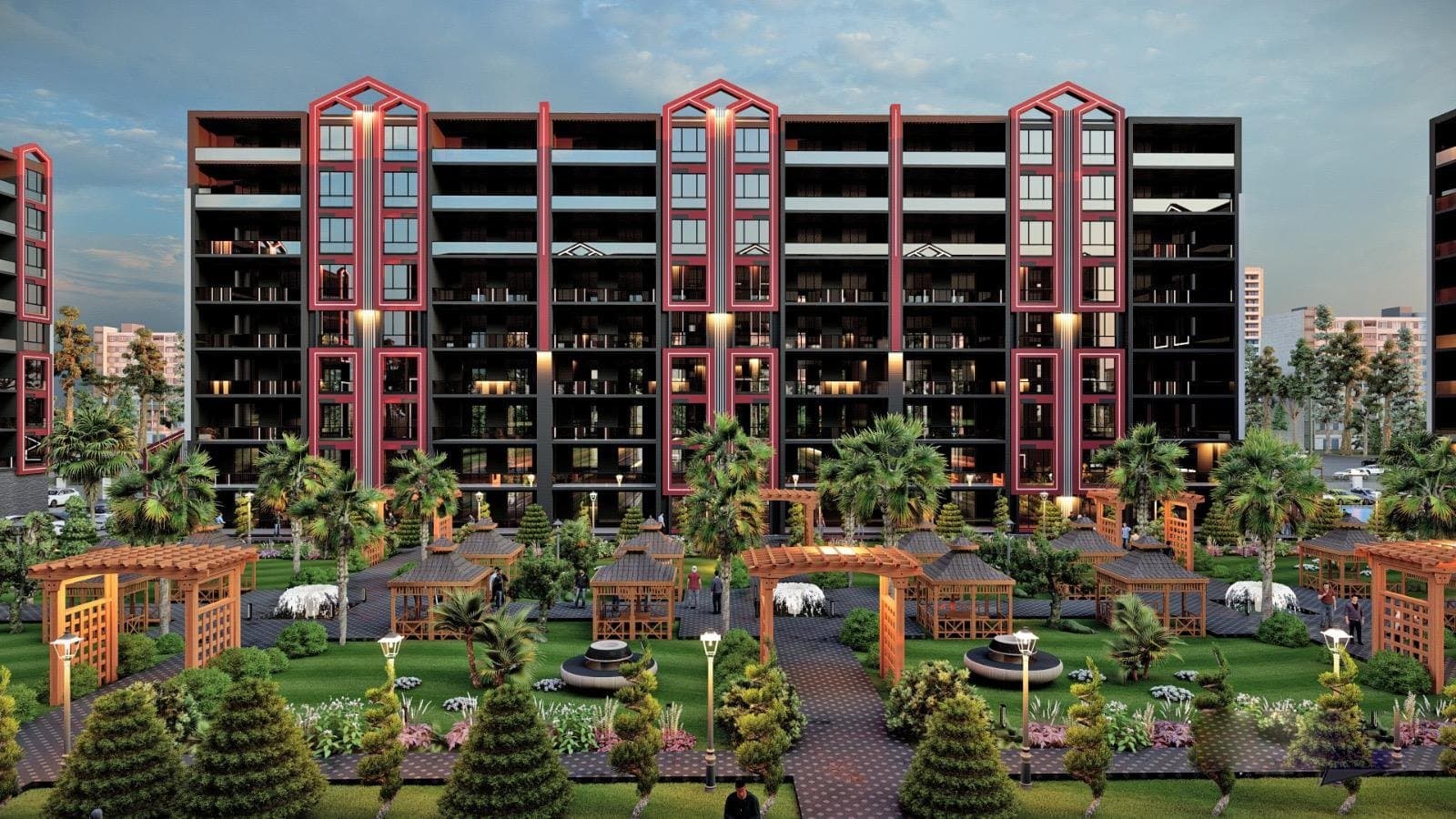 Ekinci Prime — kırmızı cepheli modern konut projesi ve peyzajlı avlu